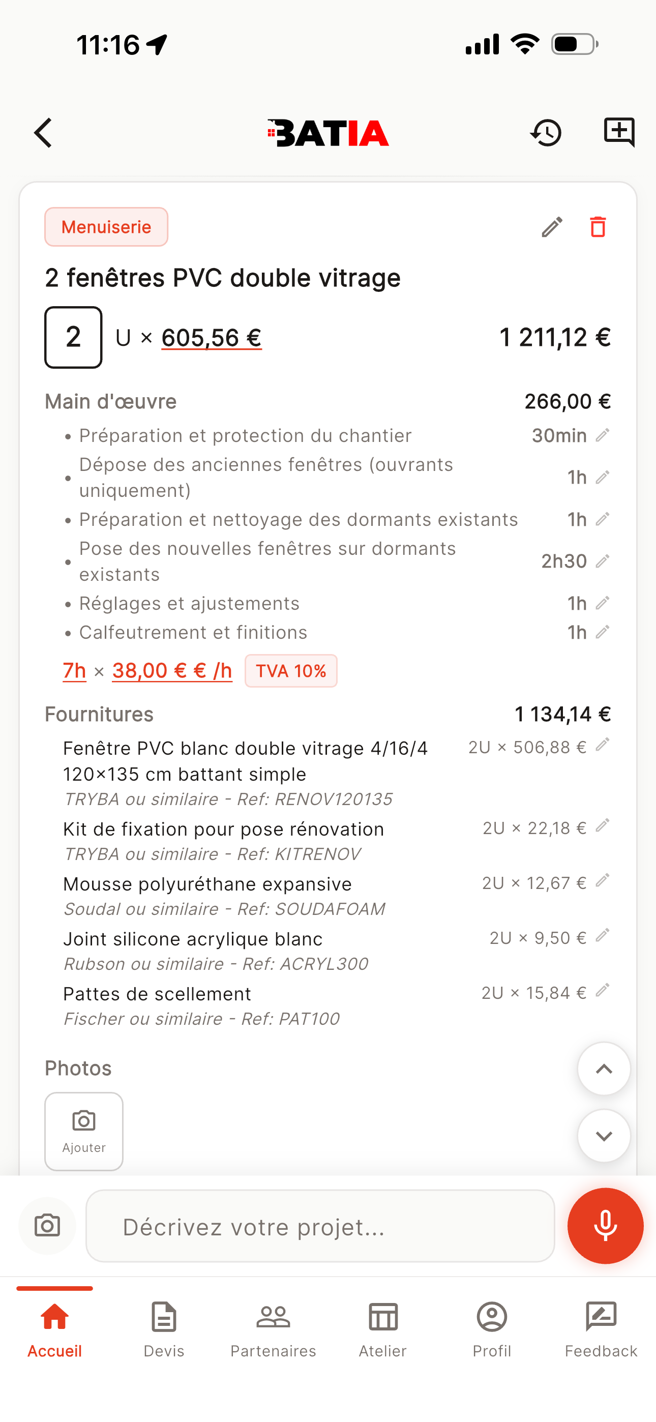 BATIA — Devis détaillé menuiserie